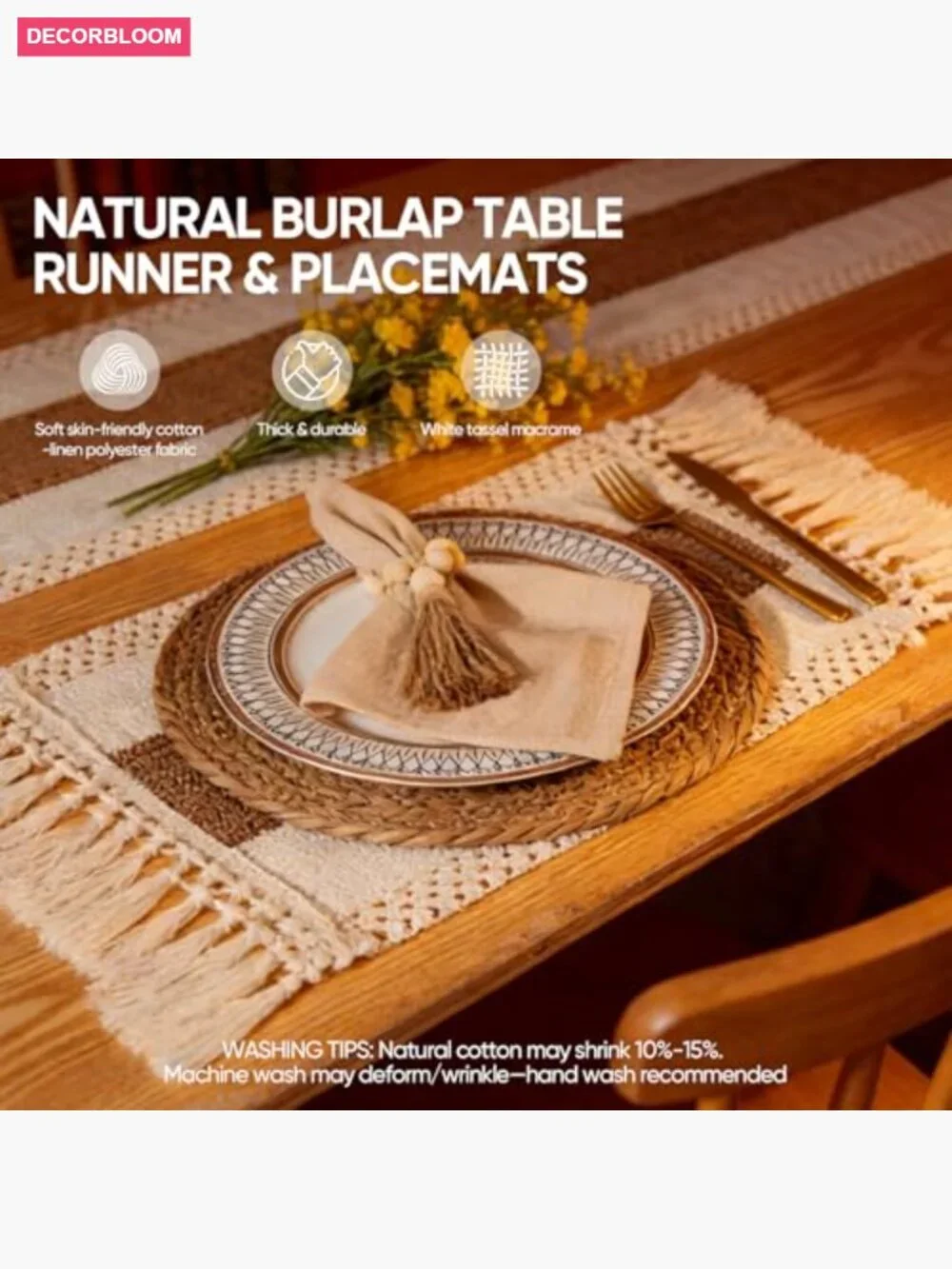 32 Pcs Boho Placemats Table Setting Set - Hand-Woven Water Hyacinth Mats, Cloth